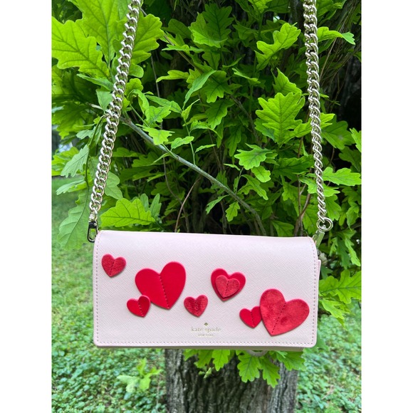 Kate Spade New York Handbags - Kate Spade Crossbody Clutch Women Small Pink Heart Applique Chain Strap